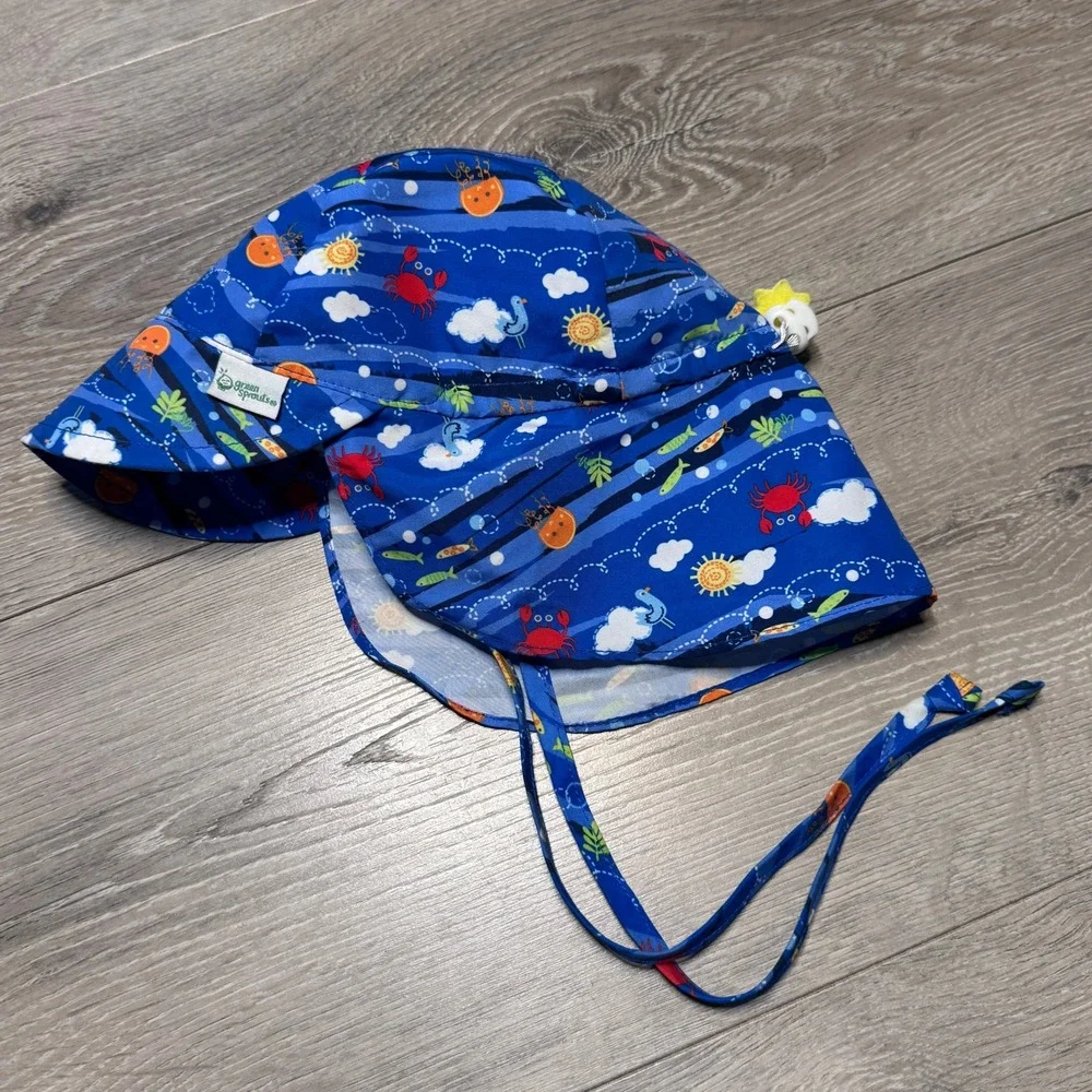 Green Sprouts Baby Sun Hat Blue Sea Life Print Flap Hat 0-6 Months